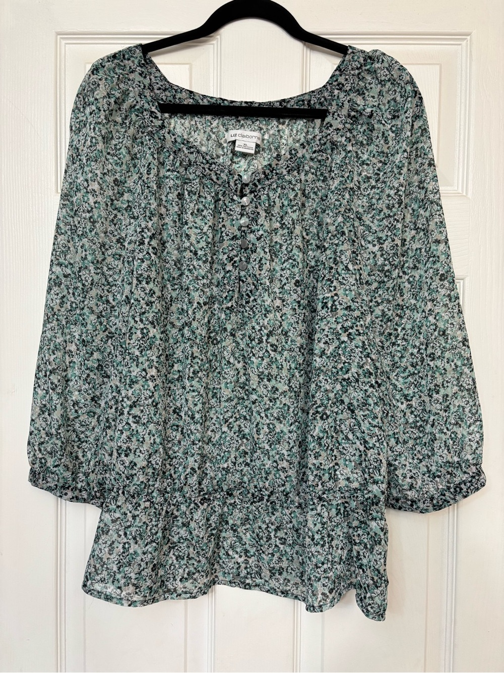 Liz Claiborne Teal and Black Floral Peasant Tunic